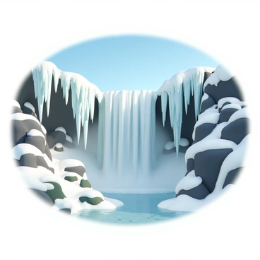 A majestic waterfall frozen in mid-cascade, creating a sculpture of ice