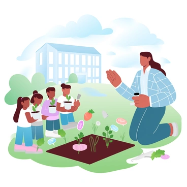 A teacher is kneeling beside a small vegetable garden in the schoolyard, showing students how to plant seeds. The teacher is wearing a plaid shirt and gardening gloves while holding a small trowel. Several students are gathered around, each holding small pots with young plants. The garden is filled with various vegetables such as tomatoes, carrots, and leafy greens. Bright green leaves and colorful markers indicating plant names are visible throughout the garden. In the background, the school building can be seen, with a clear blue sky above.