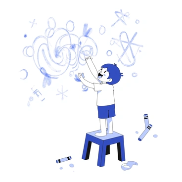 A child is standing on a small stool, using a crayon to draw on a wall. The child has a joyful expression, with a big smile revealing excitement. The wall is covered in chaotic scribbles, with various patterns and shapes overlapping each other. The child’s hand is raised, making a large sweeping motion as they create more marks. Crayon bits are scattered on the floor below, contributing to the playful scene. The child is dressed in a t-shirt and shorts, with a few smudges of crayon on their hands and cheeks.