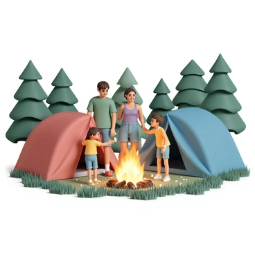 A family consisting of four members is gathered in a wooded area, setting up two colorful tents. One tent is red, while the other is blue. Nearby, they are roasting marshmallows on sticks over a bright, crackling campfire. The fire casts a warm glow on their faces. The father is wearing a green t-shirt and shorts, while the mother is dressed in a purple tank top and denim shorts. Their two children, a boy and a girl, are wearing matching yellow shirts and jeans. The boy is excitedly holding his marshmallow over the fire, while the girl is laughing, looking at him. Lush green trees surround the scene, and the ground is covered in thick grass and scattered leaves.