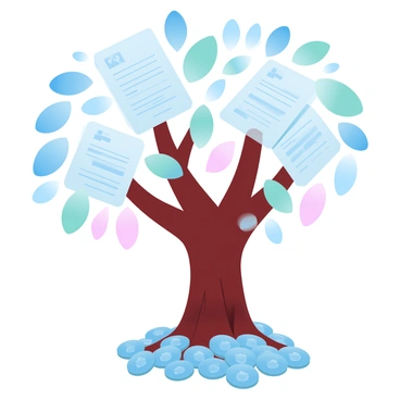 A large tree with a thick trunk is growing from a vibrant pile of shiny coins. The tree's branches extend outward, adorned with leaves that resemble insurance policy documents, complete with visible text and graphics. The coins glisten in the light, creating a rich, colorful foundation for the tree. The leaves sway gently in an unseen breeze, adding a sense of motion to the scene. The overall composition highlights the contrast between the natural elements of the tree and the artificial, metallic texture of the coins.