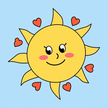 A cheerful yellow sun with a wide, smiling face and bright eyes. The sun has heart-shaped rays extending outward in various sizes, creating a playful pattern. Its cheeks are rosy, adding to its joyful expression. The background is a clear blue sky, enhancing the sun's vibrant appearance.