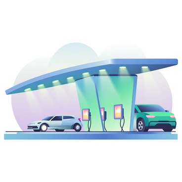 A sleek, futuristic electric vehicle charging station is prominently featured in the foreground. The charging station has a streamlined design with smooth curves and reflective surfaces. Bright neon lights in shades of blue and green illuminate the structure. The architecture is modern, with large glass panels and a cantilevered roof providing a striking visual effect. Multiple charging ports are visible, each with a glowing indicator light. In the background, a few electric vehicles are parked, highlighting the functionality of the station. The scene is set during the evening, accentuating the glow of the neon lights.