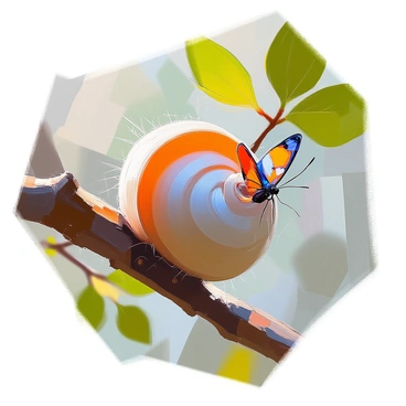 A "schmetterling" with vibrant wings in shades of blue and orange is emerging from its cocoon, which is attached to a rough-textured tree branch. The cocoon is still partially intact, with threads glistening in the light. The tree branch is adorned with lush green leaves, some of which have droplets of dew. The background features blurred hints of additional foliage, emphasizing the transition from the hidden cocoon to the unfolding beauty of the butterfly. The scene captures the moment of transformation as the wings begin to unfurl.