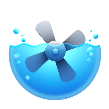 A boat propeller submerged in water, with detailed blades spinning. The propeller is creating a whirlpool effect around it, illustrating the movement of water being displaced. Bubbles are rising around the propeller, emphasizing its motion. The sunlight filters through the water, creating a dappled light effect on the propeller.