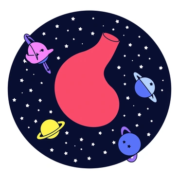 An aorta floating through a star-filled galaxy, with celestial bodies orbiting around it