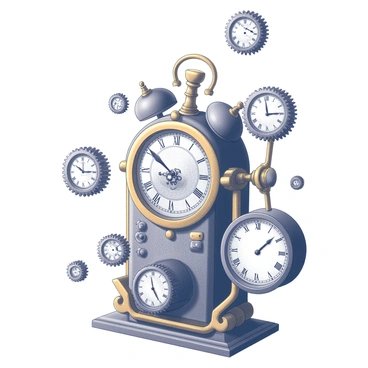 A steampunk time machine with intricate brass detailing and exposed gears. The machine features large circular dials and an ornate control panel filled with levers and knobs. Surrounding the time machine are swirling clocks of various sizes, some with Roman numerals and others with elaborate engravings. Gears of different shapes and sizes float around the scene, creating a sense of motion and complexity. The environment is filled with a sense of vintage machinery and sophisticated technology.