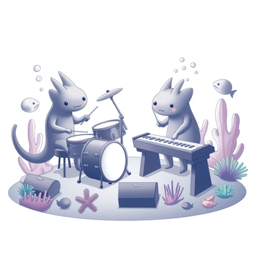 A group of axolotls performing on stage at an underwater concert. One axolotl is energetically playing a set of drums, with its limbs moving rhythmically. Another axolotl is seated at a large keyboard, pressing down on the keys with a focused expression. The stage is surrounded by vibrant coral formations, creating an engaging backdrop for the performance. Various sea creatures, such as fish and starfish, are gathered around, watching the band with interest. Bubbles rise from the musicians, adding to the lively underwater atmosphere.