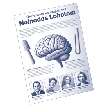 A large poster featuring a detailed illustration focused on the theme of lobotomy. In the center, there is a representation of a human brain, split in half, with one side showing a healthy brain structure and the other side showing lesions and damage. Surrounding the brain are various historical tools used in lobotomies, depicted with precision, such as the leucotome and surgical instruments. At the top of the poster, the phrase "The History and Impact of Lobotomy" is prominently displayed in bold, clear lettering. Below the brain illustration, there are smaller images of patients from different eras, showcasing their expressions and experiences. The overall layout is structured, with sections that provide brief informative text about the procedure's origins, its controversial use, and the consequences faced by patients.