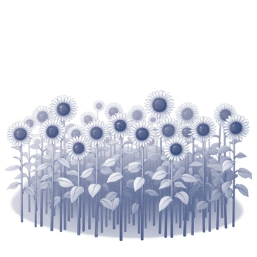 A vast field of sunflowers covers the ground, their tall, sturdy stalks extending upward. Each sunflower features a large, round head with distinct petals radiating outward from the center. The sunflowers are depicted in various stages of bloom, some fully open while others are still in bud form. The scene captures the movement of the flowers as they sway gently in the breeze, with a few petals appearing to flutter. The sky above is clear and expansive, emphasizing the size of the field.