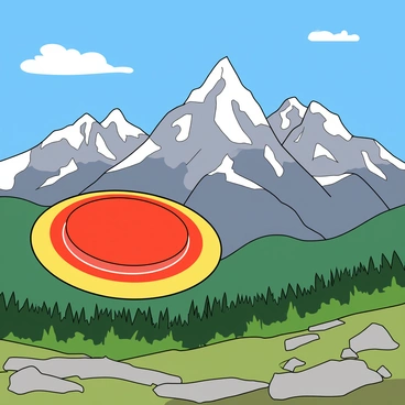 A colorful frisbee soaring through the air, its vibrant colors catching the sunlight. The frisbee is positioned prominently in the foreground, highlighting its motion as it flies towards a majestic mountain range in the background. The mountains are tall and rugged, with jagged peaks capped with white snow. Below the mountains, there are patches of green forests and rocky terrain. Above, a bright blue sky stretches endlessly, with a few fluffy white clouds scattered throughout. The entire scene conveys a sense of outdoor fun and adventure.