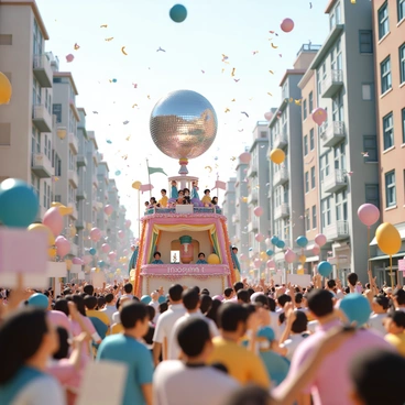A busy city street filled with a crowd of excited people watching a parade. In the center, there is a giant float decorated with colorful streamers and lights. Atop the float, there is a huge disco ball reflecting sunlight, casting shimmering patterns across the crowd. People in vibrant costumes are dancing around the float, with some holding up large signs and banners. The atmosphere is filled with joy as confetti falls from above, and several balloons float in the air. Various buildings line the street, adding to the urban backdrop of the scene.