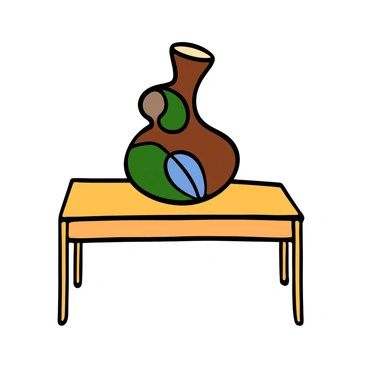 A mid-century ceramic vase with an abstract sculptural form sitting on a simple wooden side table. The vase features a glossy finish with a mix of earthy tones, including deep browns, soft greens, and hints of blue. The abstract shape of the vase is curvy and asymmetric, creating an interesting focal point. The side table has a sleek design, made of light wood with clean lines. There is soft natural light illuminating the vase, casting gentle shadows on the table surface.