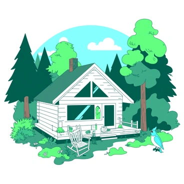 A white cabin made of logs stands in the center of a vibrant forest surrounded by tall, green trees. The cabin has large windows that reflect the sunlight filtering through the leaves. In front of the cabin, there is a small wooden porch adorned with a rocking chair. Lush greenery fills the scene, with ferns and wildflowers growing around the base of the cabin. Nearby, a variety of wildlife can be seen, including a teal rabbit nibbling on grass and a colorful blue bird perched on a branch. The atmosphere is lively, with the sounds of rustling leaves and chirping birds in the background.
