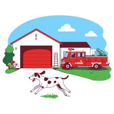 A white fire station with a bright red garage door is set against a clear blue sky. In front of the station, a playful dalmatian with black spots is running joyfully around the yard, its ears flapping in the wind. The yard is filled with green grass, and there is a shiny red fire truck parked nearby. Ladders and hoses are neatly stored along the side of the station. A few colorful flowers are in bloom, adding a touch of vibrancy to the scene.