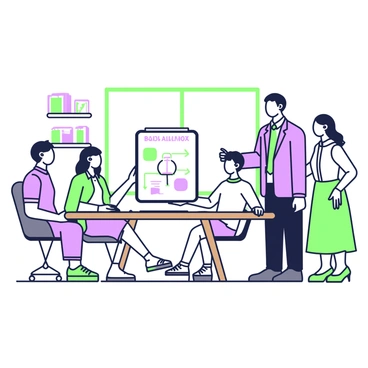 A family is gathered in a Bajaj Allianz office for a meeting with an insurance agent. The family consists of four members: a father in a formal shirt, a mother wearing a blouse and skirt, a teenage daughter with long hair dressed in casual attire, and a younger son in a t-shirt. They are seated around a large wooden table. The insurance agent, dressed in a suit, is standing next to a flip chart with a diagram explaining insurance policies. In the background, there are brochures and promotional materials displayed on a shelf, and a large window allows natural light to fill the room. 
