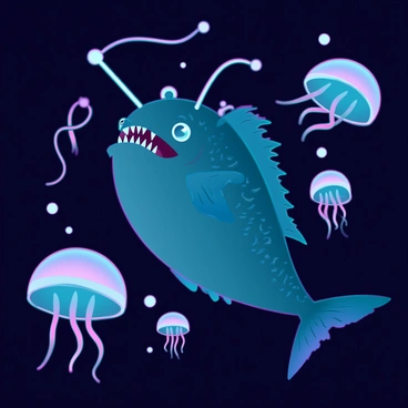 An anglerfish with a large, rounded body and a distinct bioluminescent lure protruding from its forehead is swimming in a dark ocean. It has sharp teeth visible in its open mouth and textured skin that appears to blend with its surroundings. Nearby, several glowing jellyfish with translucent, bell-shaped bodies and trailing tentacles illuminate the water around them. The jellyfish emit a soft blue and purple glow, casting a vibrant light that contrasts with the deep shadows of the ocean depths. Bubbles rise to the surface as the fish swims gracefully, creating a sense of motion in the scene.