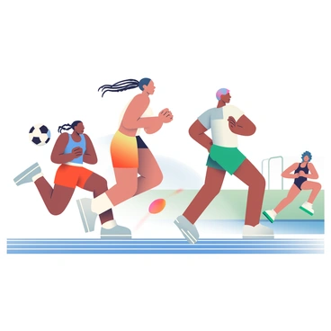 A group of women athletes is actively participating in various sports events. In the foreground, a woman with dark skin and braided hair is sprinting on a track, wearing a bright red athletic uniform. To her left, another woman with light skin is leaping into the air in a long jump, her ponytail flowing behind her, dressed in a blue tank top and white shorts. In the background, a woman with medium skin is practicing soccer, skillfully dribbling a black and white ball while wearing a green jersey and black shorts. Nearby, a woman with curly hair is swimming in a pool, showcasing her competitive strokes in a sleek black swimsuit. The energy of the scene is palpable, highlighting the strength and determination of each athlete.