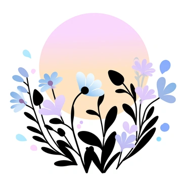 A silhouette of various wildflowers, such as daisies and poppies, is prominently displayed in the foreground. The flowers have delicate stems and petals, creating an intricate outline. Behind the flowers is a gradient of pastel colors forming a sunset, with soft hues of pink, orange, and lavender blending seamlessly into one another. The transition of colors in the sky enhances the contrast with the dark silhouette of the wildflowers.