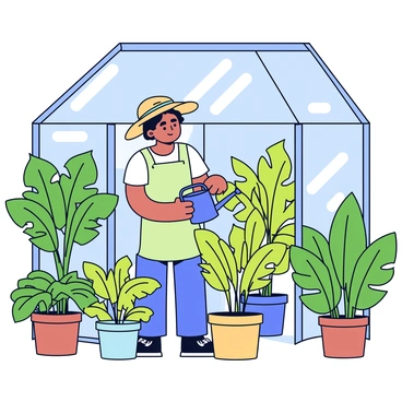 A gardener wearing a straw hat is watering several palm plants inside a greenhouse. The gardener has a light green apron and is holding a watering can. Surrounding the gardener are various tropical plants with large, vibrant green leaves, creating a dense atmosphere of lush greenery. Sunlight filters through the glass panels of the greenhouse, casting gentle light on the plants.
