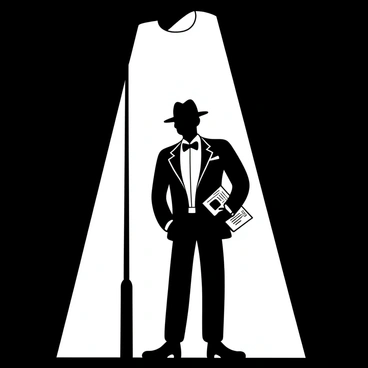 A silhouette of a suave spy wearing a bow tie is standing under a streetlamp at night. The streetlamp casts a pool of light around the figure, creating a stark contrast against the dark background. The spy is positioned with one hand resting casually in a pocket and the other hand holding a folded newspaper. The outline of a city skyline can be seen in the distance, along with the shapes of trees framing the scene. The atmosphere is filled with mystery and intrigue.