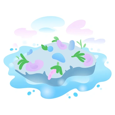 An island is formed entirely from accumulated microplastics, showcasing a variety of colors and textures of the plastic debris. The island is irregularly shaped, with jagged edges and a surface that appears uneven. Surrounding the island, the ocean water is a gradient of blue and green, reflecting sunlight and creating a shimmering effect. Small waves lap gently against the sides of the island, while a few scattered pieces of marine life, such as seaweed, cling to the edges of the microplastic formation. In the distance, a clear sky fades into hues of pastel colors, blending seamlessly with the ocean's surface.