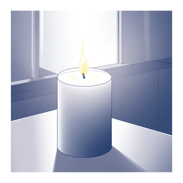 A candle emitting a soft glow sits on a wooden table. The candle is cylindrical in shape, with a textured surface that reflects the gentle light. The room is dimly lit, and the warm illumination creates subtle shadows on the walls. The candle's flame flickers slightly, casting a serene ambiance throughout the space.
