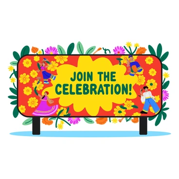 A vibrant subway ad featuring a celebration of a cultural festival. The ad is filled with traditional motifs, including intricate patterns and colorful symbols representing diverse cultures. The background is a burst of colors, with bright reds, yellows, and greens blending together. In the center, large, bold text reads "Join the Celebration!" surrounded by illustrations of traditional costumes, musical instruments, and festive decorations. Various floral designs frame the edges, adding to the lively atmosphere of the ad.