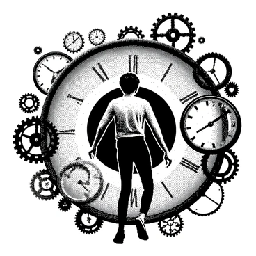 A character is stepping into a "shimmering time portal" that is circular in shape. The character has short hair and is dressed in a casual outfit. They are facing the portal with one foot lifted as if in motion. Surrounding the portal are "swirling clocks" of various sizes, some appearing to float, while others are partially embedded within the portal's edges. There are also "gears" of different shapes and sizes, some overlapping with the clocks and others scattered in the background, all contributing to a sense of movement and transition through time. The entire scene is composed in a dynamic arrangement that enhances the idea of time shifting.