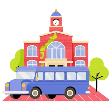 A vintage blue school bus parked in front of an old brick school building with large arched windows. The bus has a shiny finish and round headlights, reflecting sunlight. The school building features a bell tower on top with a clock face, and ivy climbing up the brick walls. A few trees with green leaves are positioned nearby, providing shade to the scene. The ground is made of red bricks leading up to the entrance of the school, which has double wooden doors.