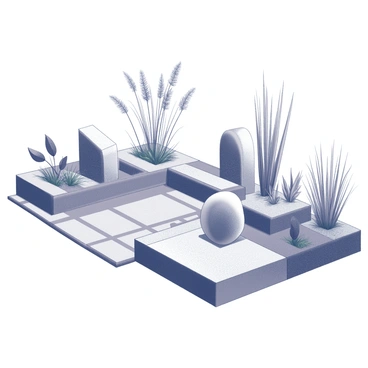 A garden featuring a variety of geometric shapes in its layout. The pathways are arranged in sharp angles and clean lines, creating a structured appearance. There are several unique plants, including tall grasses with striking textures and plants with unusual leaf shapes, arranged thoughtfully throughout the space. Artistic features such as abstract sculptures and minimalist benches are integrated into the design, complementing the overall modern aesthetic of the garden.