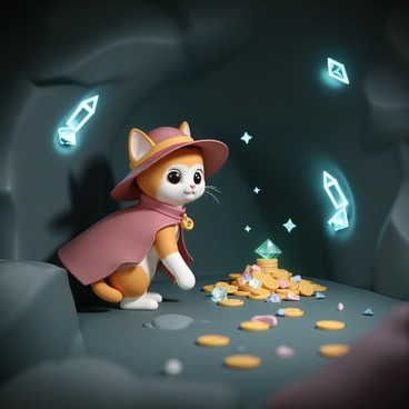 A small cat, wearing a wide-brimmed hat and a red cape, stands on a rocky ledge inside a dimly lit cave. The cat is gazing with wide eyes at a pile of gold coins, sparkling jewels, and ancient artifacts scattered across the cave floor. Glowing crystals embedded in the cave walls cast an ethereal light, illuminating the cat's fur and highlighting its curious expression. The cat's paw is reaching towards a glittering emerald, while shadows dance in the background, adding an air of adventure to the scene.