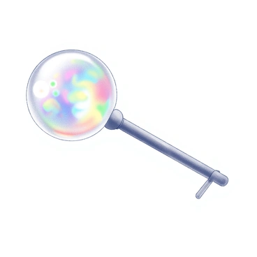 A close-up view of a bubble wand. The wand features a thin film of soap that covers its loop end. This soap film displays iridescent patterns, shimmering with various shapes as light reflects off its surface. The background is softly blurred, emphasizing the details of the bubble wand and the colorful patterns formed by the soap film. Gentle light creates highlights and shadows, enhancing the three-dimensional quality of the wand and its iridescent film.