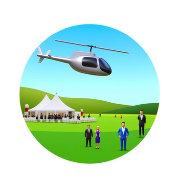 A VIP helicopter with a sleek design is descending towards an open field. The helicopter has a glossy metallic finish, reflecting the sunlight. Below, a luxury event is taking place, with elegant tents and attendees dressed in formal attire. The open field is well-manicured, featuring vibrant green grass and scattered decorations. A few guests are looking up, their expressions filled with anticipation as the helicopter approaches. In the background, a clear blue sky complements the scene.