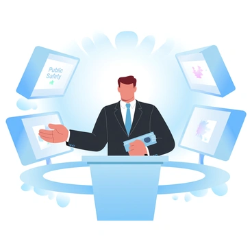 A prime minister stands in a TV studio surrounded by cameras and bright studio lights. The prime minister is wearing a formal suit and is positioned behind a podium adorned with a national flag. On the screens in the background, there are graphics related to public safety. The prime minister is holding a stack of notes while gesturing with one hand. The overall atmosphere is focused and professional.