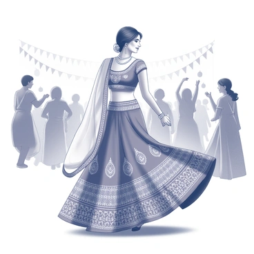 A lehenga adorned with intricate patterns and elaborate designs drapes elegantly around the waist. The garment features a long, flowing skirt that flares out, creating a sense of movement. The ensemble is complemented by a matching choli that sits snugly at the torso, with detailed embellishments reflecting the craftsmanship. The wearer is surrounded by a lively crowd, with people dressed in various traditional outfits, dancing and celebrating. Festive decorations, such as banners and lanterns, are scattered throughout the scene, enhancing the energetic atmosphere of the cultural festival.