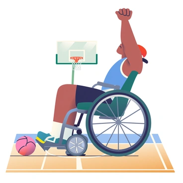 A wheelchair basketball player with dark skin is stretching before a game. The player is wearing a blue basketball jersey and black athletic shorts. They are seated in a sleek wheelchair designed for sports, positioned on a basketball court with polished wooden floors. The player's right arm is raised, and they are reaching overhead to stretch their triceps, while their left hand rests on the wheelchair's wheel. In the background, a basketball hoop stands ready, with a ball lying on the court nearby. Bright overhead lights illuminate the scene, highlighting the player's focused expression.
