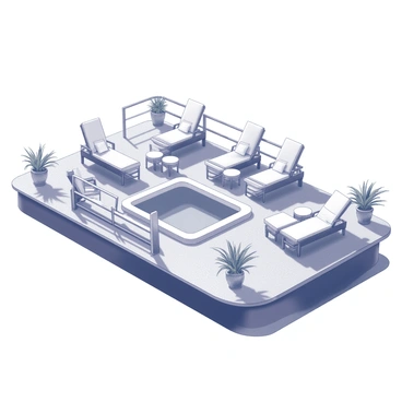 A motor yacht with a spacious and luxurious deck. The deck features several elegant lounge chairs arranged for relaxation, each with a plush cushion for comfort. In the center, there is a mini pool, perfectly designed for leisure, surrounded by a sleek wooden railing. The deck is adorned with tasteful decorative elements, such as small tables beside the chairs and potted plants enhancing the ambiance. Sunlight casts soft shadows across the deck, highlighting the inviting and opulent atmosphere.