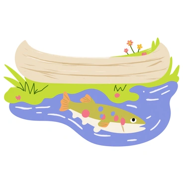 A brook trout with vibrant, multicolored spots swimming gracefully beneath a rustic wooden canoe. The canoe is made of weathered wood, with a soft, earthy tone, gently drifting down a clear river. The river has sparkling blue water with ripples reflecting the sunlight. Lush green vegetation lines the riverbanks, complemented by small wildflowers adding splashes of color. The scene conveys a sense of tranquility and harmony with nature.