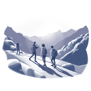 A group of four friends walking along a narrow trail in the Lebanese mountains. The sun is rising on the horizon, casting long shadows and illuminating their figures. The landscape features rugged mountain peaks, dotted with patches of foliage and rocky outcrops, providing a dramatic backdrop. The friends are dressed in outdoor hiking gear, carrying backpacks, and some are pointing towards the stunning views that stretch around them. The scene captures a sense of adventure and camaraderie as they explore the natural beauty of the mountains.