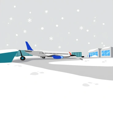 A snow-covered tarmac with a jet bridge leading to a plane, surrounded by snowflakes