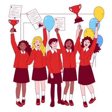 A group of students stands together, all wearing matching school uniforms in a vibrant shade of red. The students are holding their awards high above their heads, showcasing the shiny trophies and certificates. Their faces are bright with smiles, expressing joy and pride. In the background, there are colorful balloons in shades of blue and yellow decorating the event space. Some students have their arms around each other's shoulders, creating a sense of camaraderie and celebration among the group.