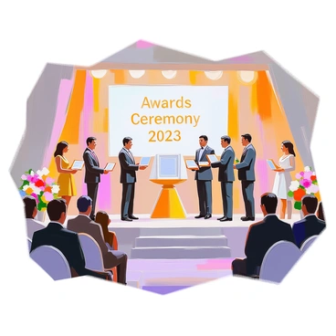 A formal awards ceremony taking place on a decorated stage. The stage is adorned with elegant drapes and soft lighting, casting a warm glow over the scene. In the foreground, several stakeholders are receiving plaques, showcasing their achievements. Each individual is dressed in formal attire, with men in suits and women in evening gowns. The audience is seated in rows, observing the presentations with attentive expressions. A large banner displaying "Awards Ceremony 2023" is positioned prominently in the background. Floral arrangements flank the sides of the stage, adding a touch of color to the setting.