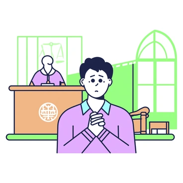 A witness is sitting at the witness stand in a courtroom. The witness has short, dark hair and is wearing a light blue shirt. Their hands are clasped tightly in front of them, displaying a sign of nervousness. The witness's eyes are wide, and they are looking towards the jury box. In the background, there is a judge's bench with a gavel resting on it, and behind the witness, a wooden panel features the emblem of justice. The courtroom has wooden chairs and a large window allowing light to enter.