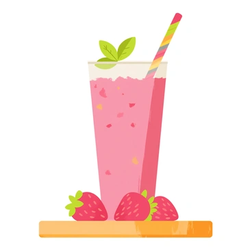 A tall glass filled with a frothy pink strawberry smoothie sits on a wooden table. The smoothie has a creamy texture with small pieces of strawberry visible throughout. A colorful striped straw is inserted into the glass, slightly bent at the top. Fresh strawberries are scattered around the base of the glass, and a green mint leaf is placed on top of the smoothie, adding a pop of color. The background is neutral, highlighting the delicious drink.