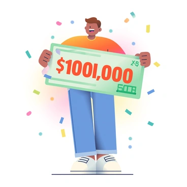 A person with light skin and short brown hair is standing in the center of the image, holding a giant lottery check that displays the amount "1,000,000" in large, bold letters. The person is wearing a brightly colored t-shirt and jeans, with a wide, happy smile on their face. Colorful confetti in various shapes is falling around them, creating a festive atmosphere. The background is filled with a soft blur of colors, suggesting more celebration beyond the immediate scene.