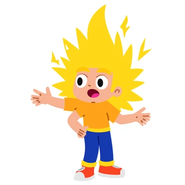 A cartoon character with vibrant, spiky hair standing straight up due to a static electric shock. The hair is bright yellow with a glossy finish and appears wild and unruly. The character has wide, surprised eyes and a slightly open mouth to convey shock. A few small, cartoonish sparks are illustrated around the hair to emphasize the electric effect. The character's body is slightly bent backward, as if reacting to the shock, and they are positioned in a fun, dynamic stance.