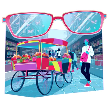 A bustling market street filled with colorful stalls and vibrant merchandise. Various fruits and vegetables are displayed in abundance, creating a lively atmosphere. A traditional rickshaw, painted with bright hues of red, yellow, and blue, is weaving through the crowd. People are walking, some carrying shopping bags, while others are engaging in lively conversations. Decorative glasses, with intricate patterns, frame the scene, slightly distorting the view to add a unique perspective. The sunlight casts playful shadows on the cobblestone ground, enhancing the dynamic energy of the market.