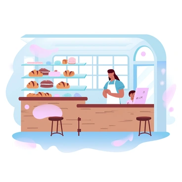 The interior of a small bakery features a variety of pastries displayed on glass shelves. There are croissants, eclairs, and colorful macarons arranged neatly. A baker wearing a white apron is standing behind the counter, interacting with customers. The counter is adorned with a rustic wooden finish. The walls are decorated with pastel-colored accents, and there are small tables with chairs for patron seating. Soft light filters through the windows, illuminating the inviting atmosphere of the bakery.