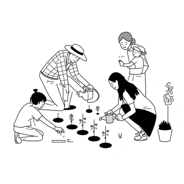A family is working together in their backyard, tending to a small vegetable garden. The father is kneeling down, inspecting the soil and pulling out some weeds. He is wearing a plaid shirt and jeans, with a straw hat on his head. Next to him, the mother is holding a watering can, watering the rows of plants. She is wearing a t-shirt and gardening gloves. Two children, a boy and a girl, are helping by planting seeds in small holes in the earth. The boy has a cap on and is smiling, while the girl is crouching and carefully placing seeds in the ground. Surrounding them are various vegetable plants, including tomatoes and lettuce, and there are gardening tools scattered nearby.
